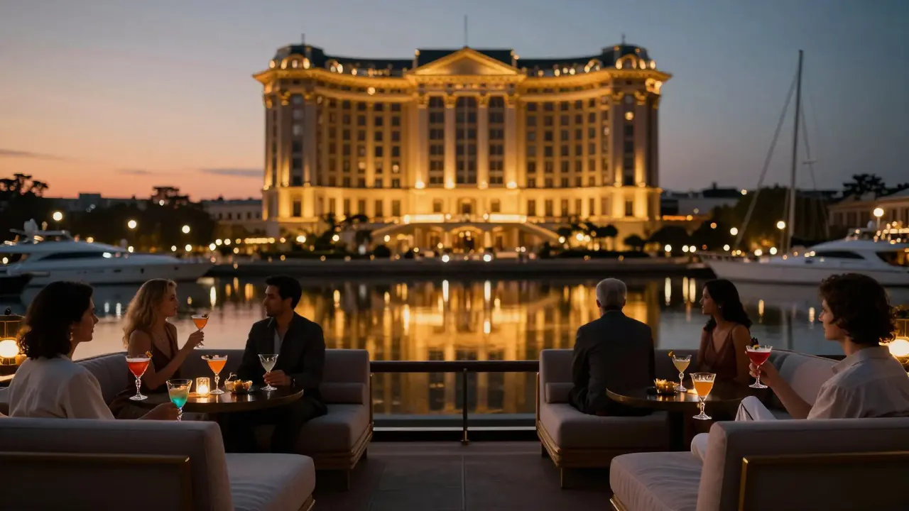 Blue Bay Bar rooftop with golden hotel reflection in dark harbor at twilight.