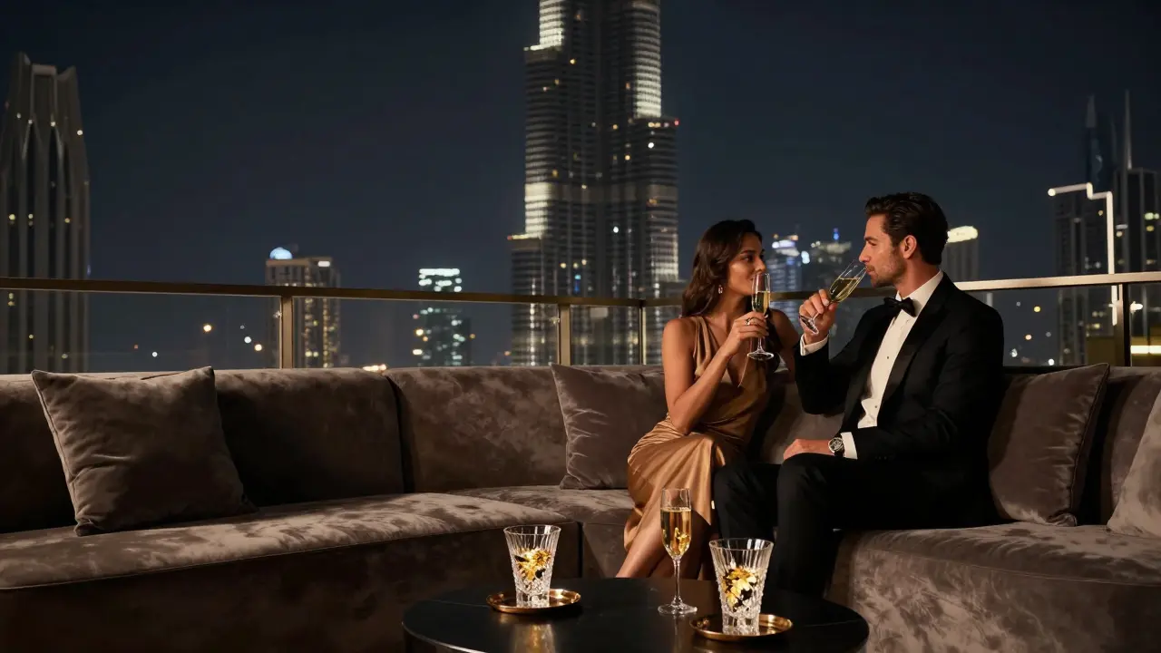Cielo Dubai rooftop lounge with guests sipping champagne as the Burj Khalifa lights up in the distance.