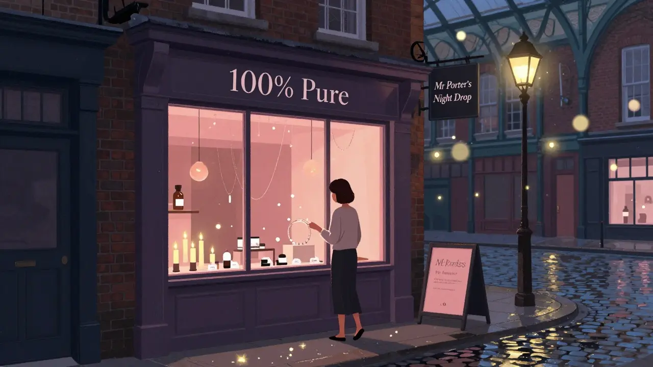 Covent Garden boutique at night with candles and minimalist jewelry displayed in a warm, intimate window.
