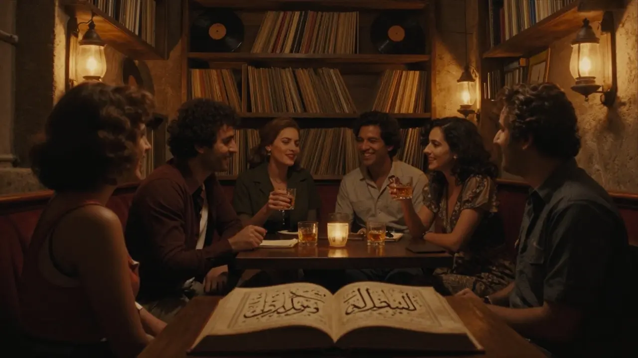 Cozy hidden speakeasy with wooden shelves, vintage records, and dim lantern light.