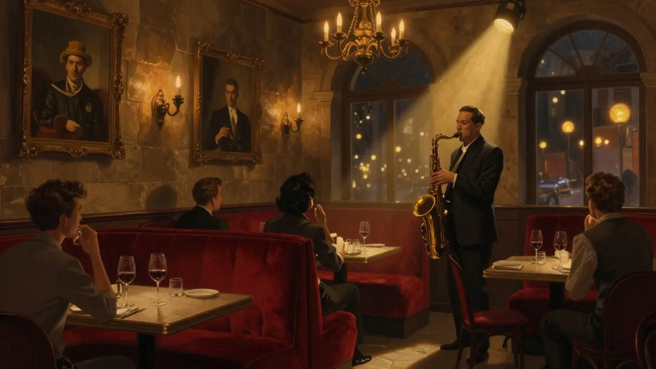 Cozy jazz bar in Brera with velvet booths and a saxophonist performing under warm lighting.