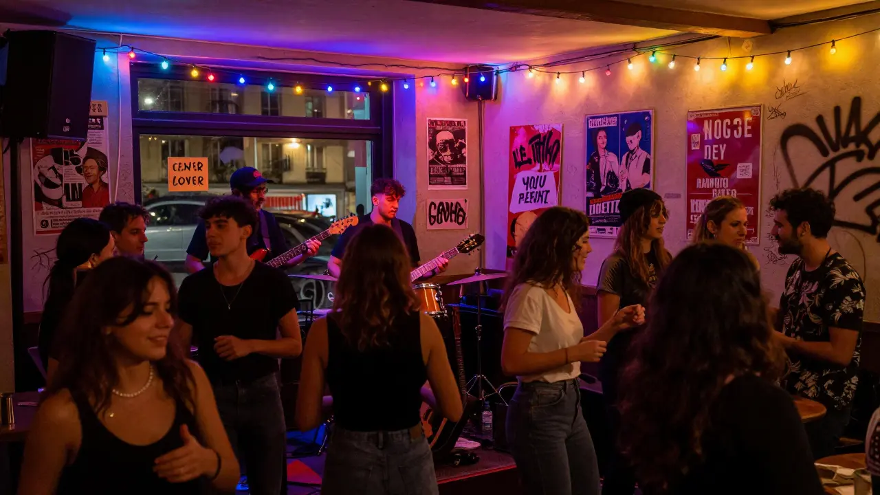 Crowd dancing at a free live music venue in Paris with string lights and live band