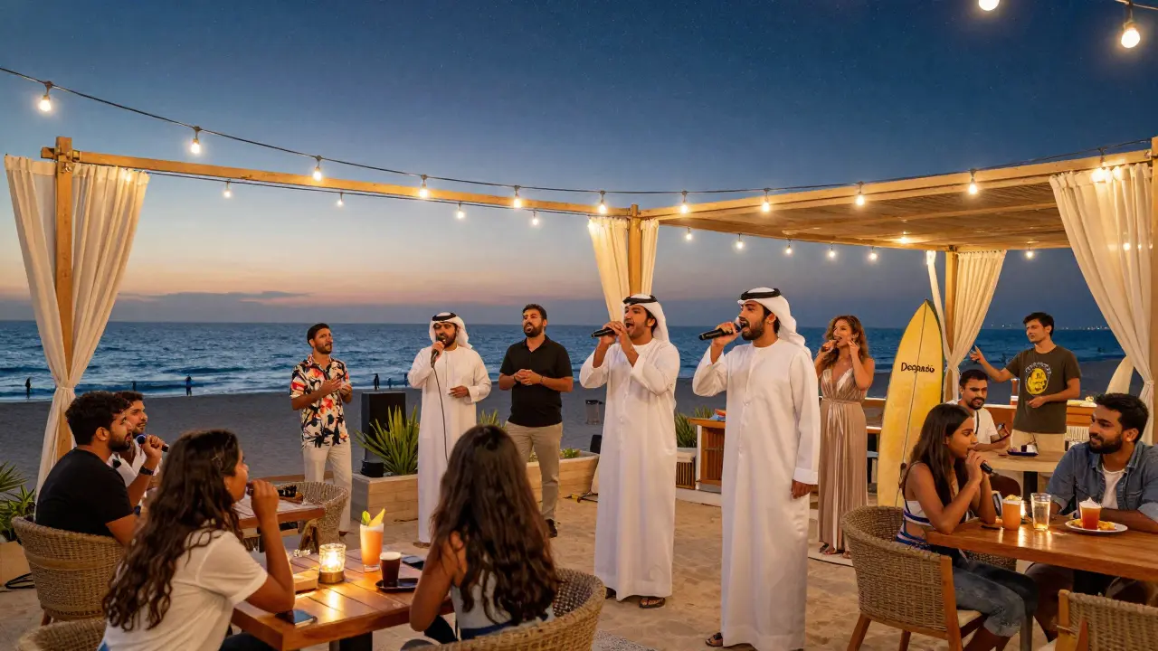 Crowd singing &#039;Despacito&#039; under string lights at a beachside karaoke bar.