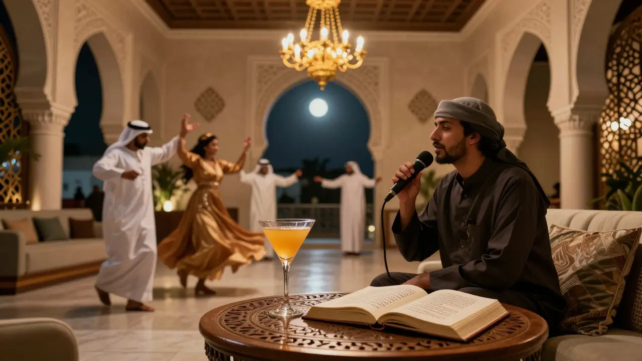 Cultural lounge with poet, traditional dancers, and saffron martini under Islamic arches at night.