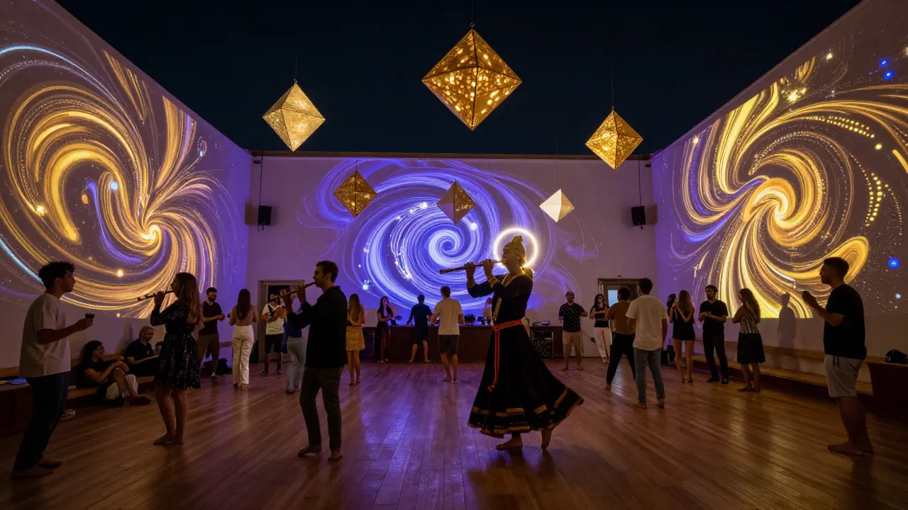 Dancers at Proje 47 surrounded by swirling projections blending Turkish tradition and electronic beats.