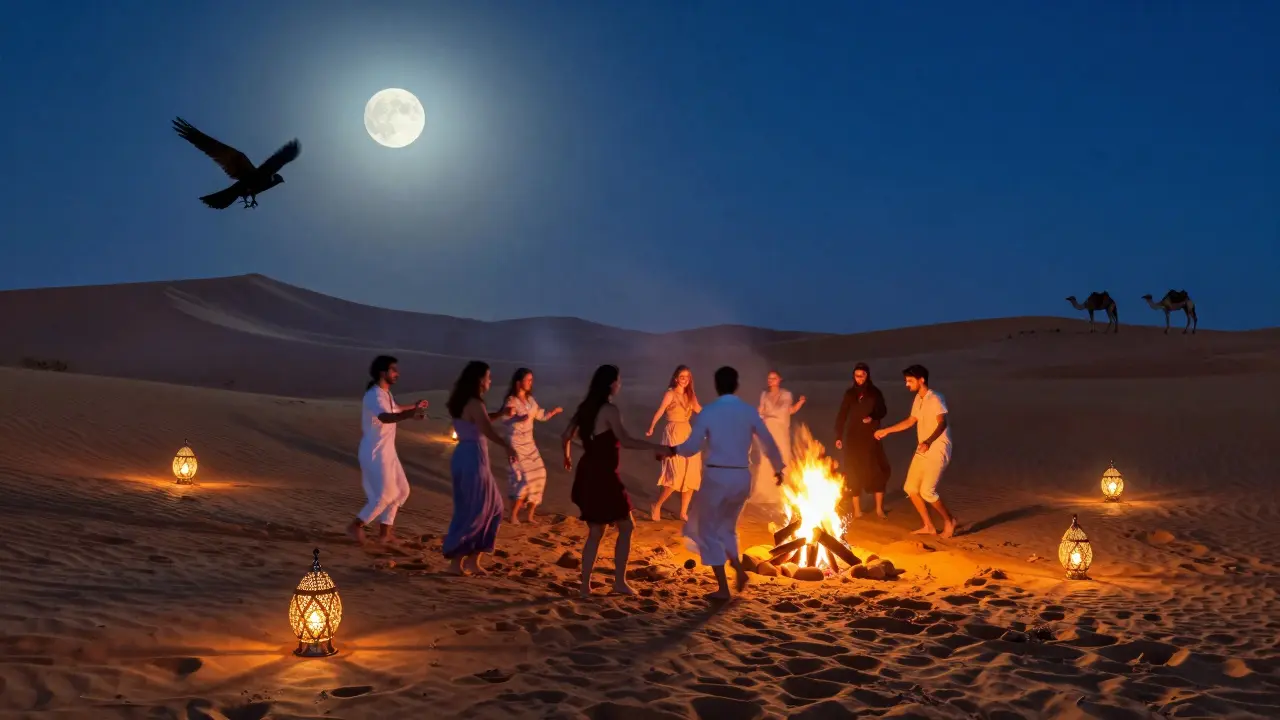 Desert party under moonlight with people dancing around a bonfire among dunes.