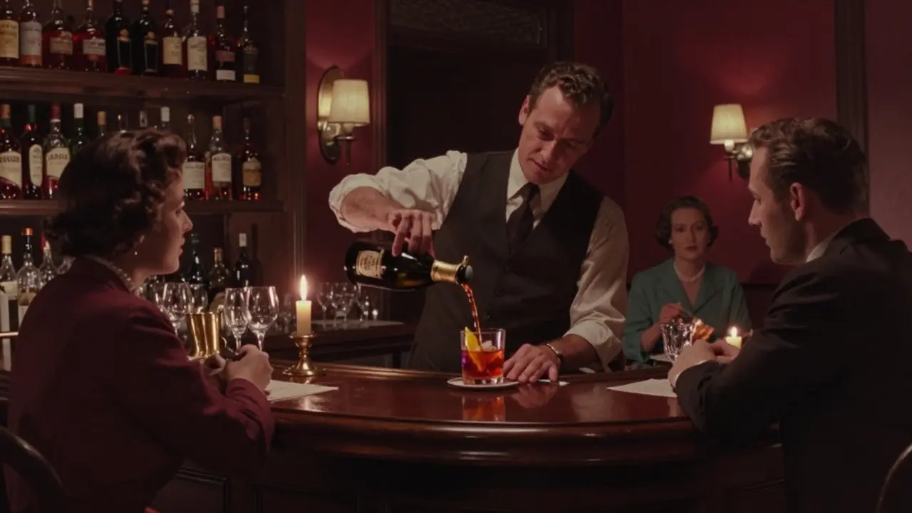 Dimly lit bar with bartender pouring a cocktail, vintage bottles and warm candlelight in Brera.