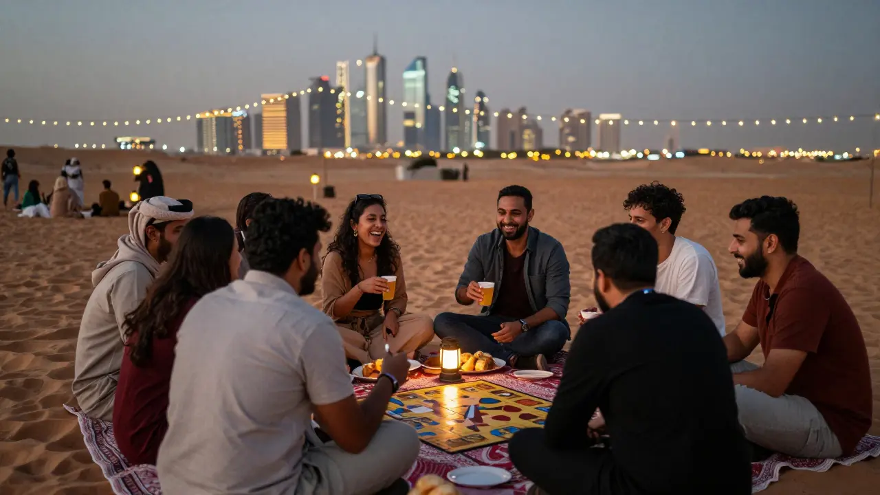 Expats enjoy a desert picnic under string lights with the Abu Dhabi skyline in the background.