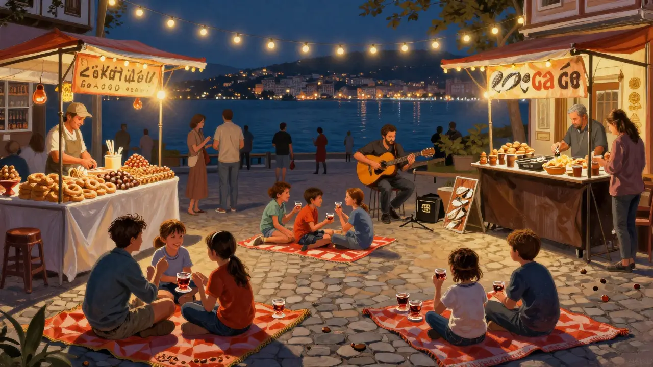 Family-friendly street festival in Kadıköy with people enjoying food, music, and fairy lights under the night sky.