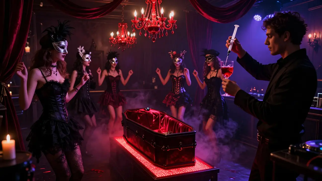 Gothic partygoers dance above a pulsing red coffin pit under crimson chandeliers in a moody nightclub.