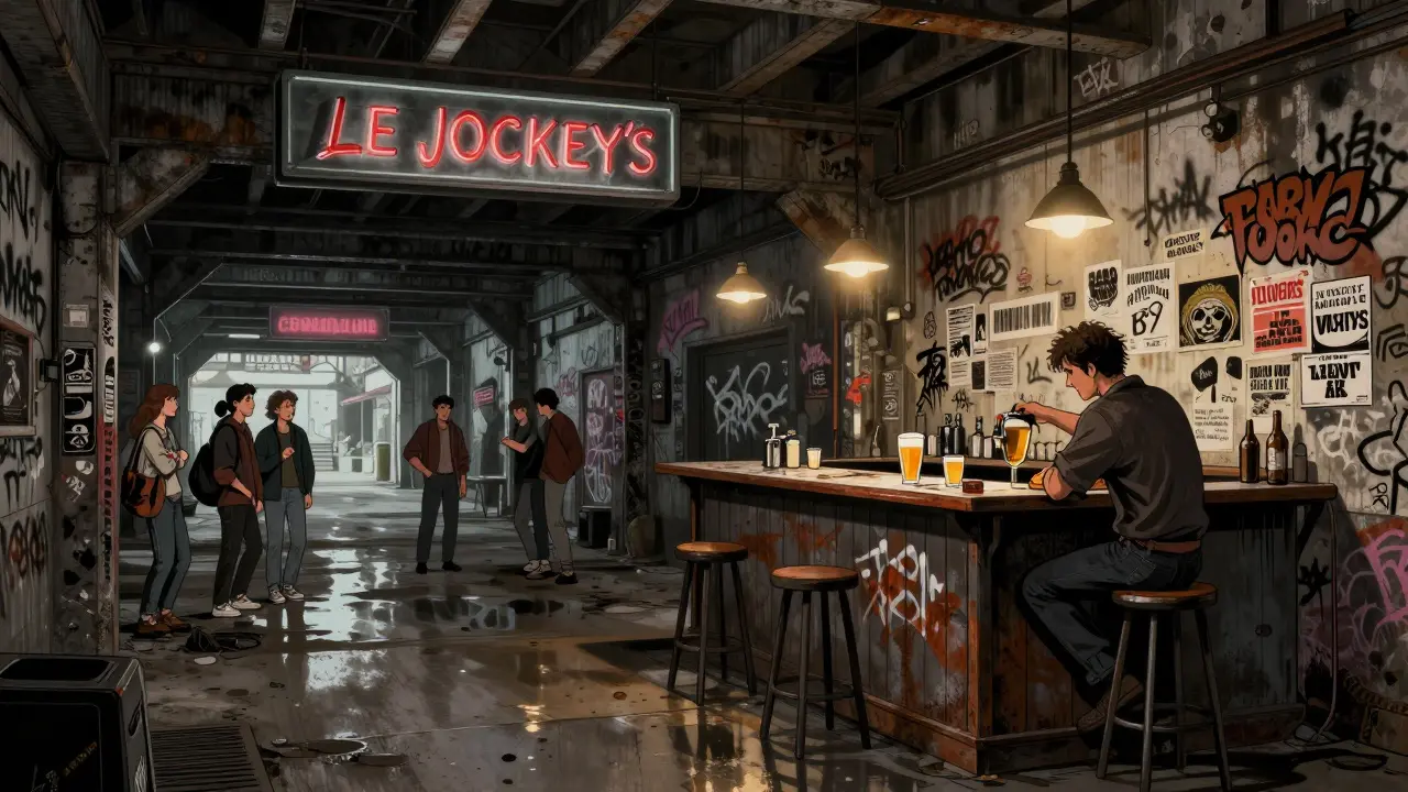 Gritty underground bar covered in graffiti, with patrons gathered around a small bar counter.