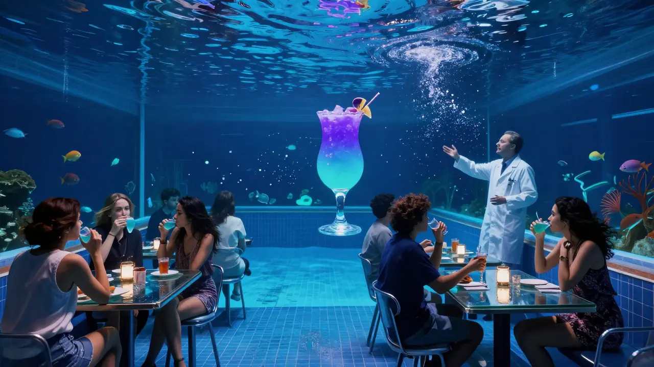 Guests drink colorful cocktails surrounded by live fish in an underwater bar with glowing blue walls.