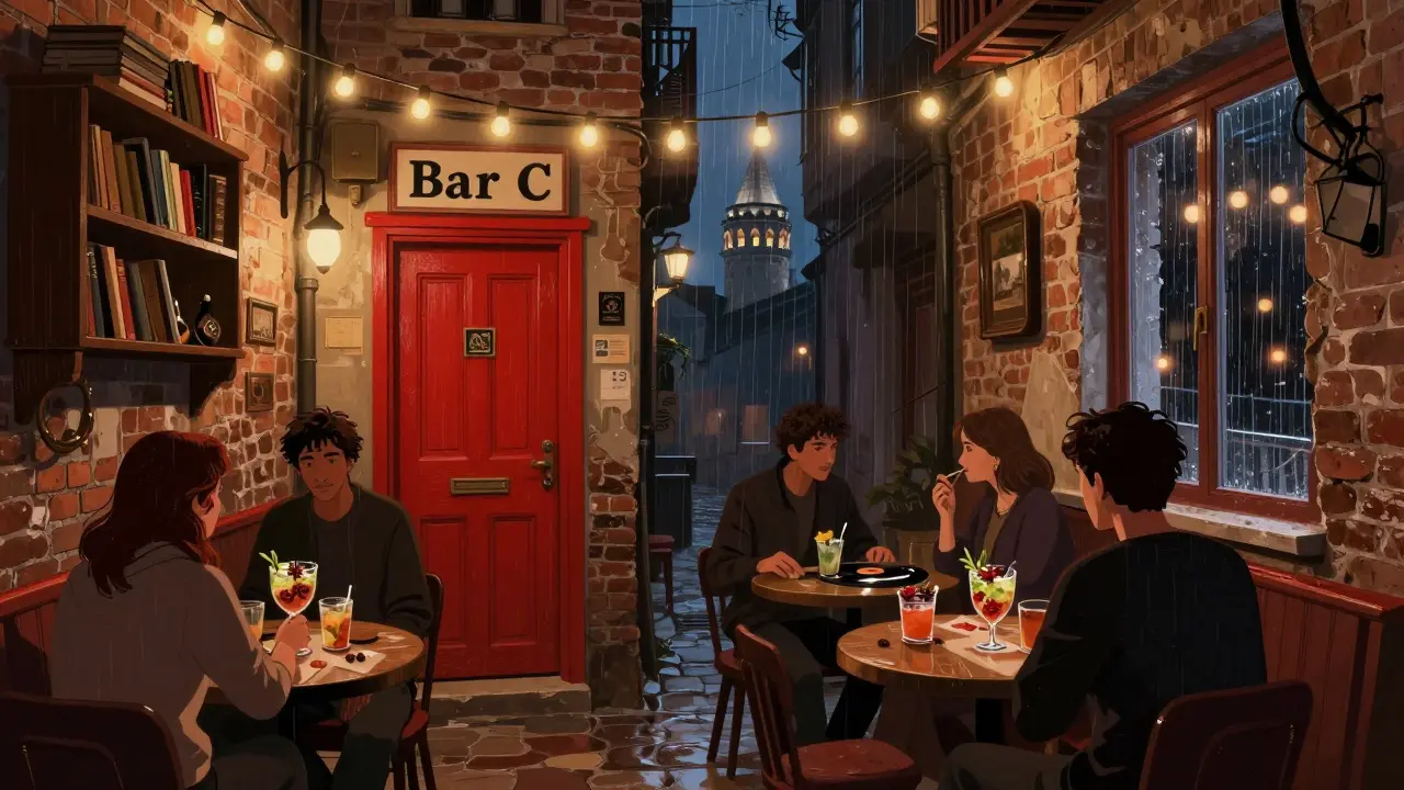 Hidden bar behind a red door in Karaköy with locals sipping herbal cocktails under soft string lights and vintage decor.