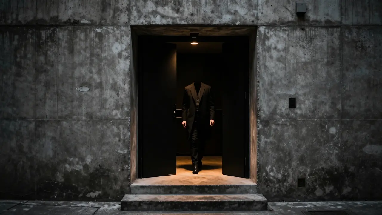 Hidden entrance to The Penthouse club, a dark doorway with a sliver of light revealing a mysterious interior.
