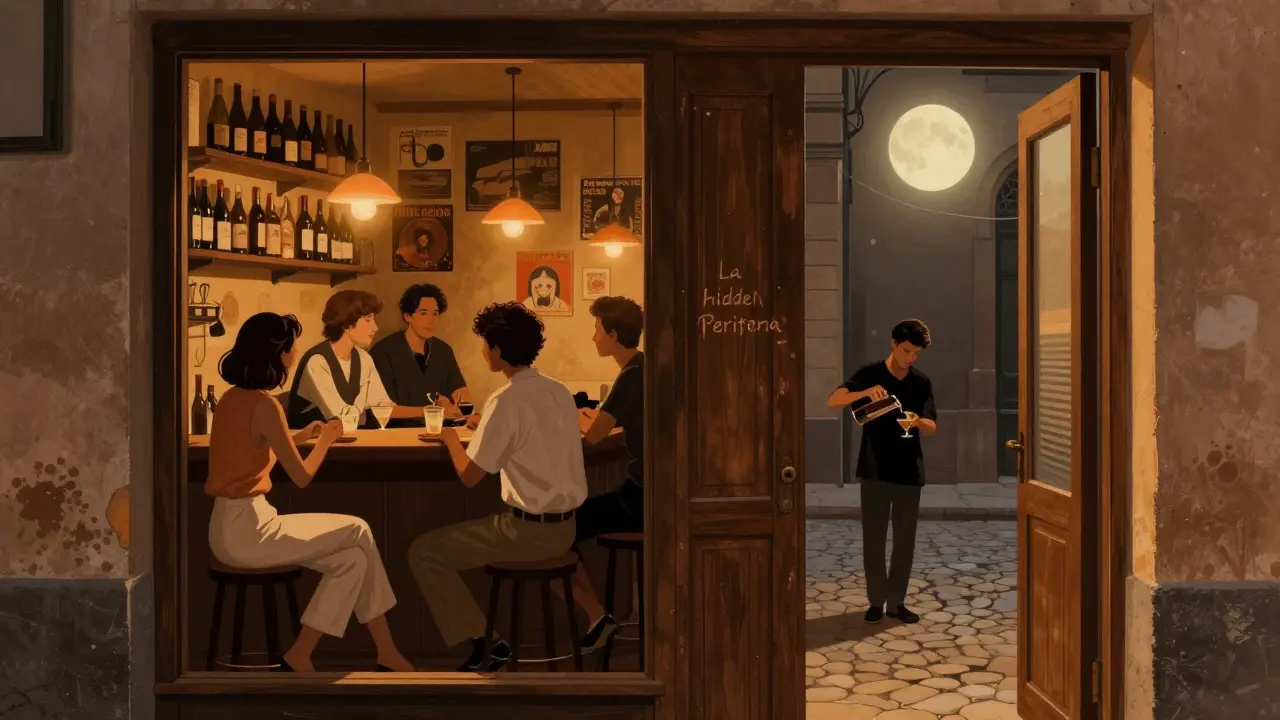 Hidden speakeasy bar in Brera with dim lighting, patrons chatting, vintage records on the wall.