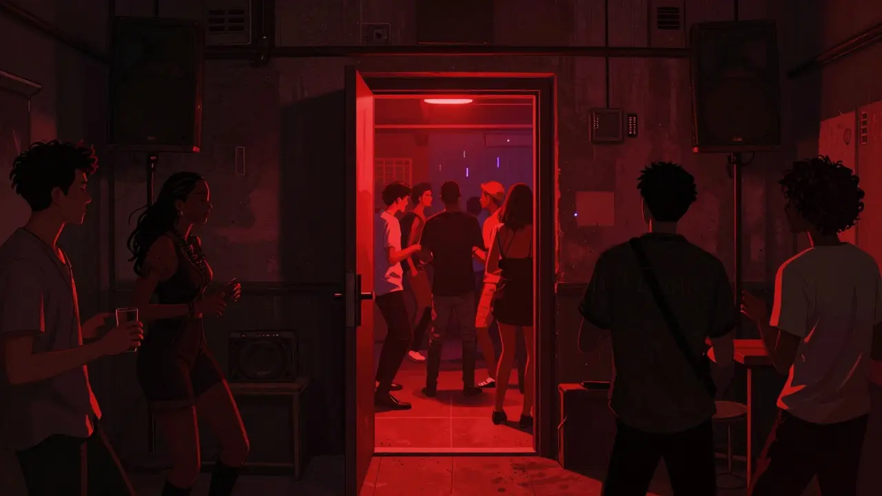Hidden underground club entrance in Dubai with dim red lighting and dancers inside.