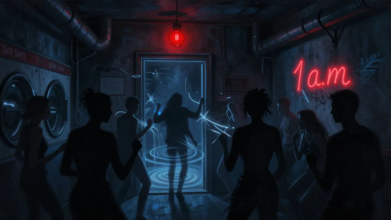 Hidden underground club entrance with red light, silhouettes dancing to pulsing bass in a basement.