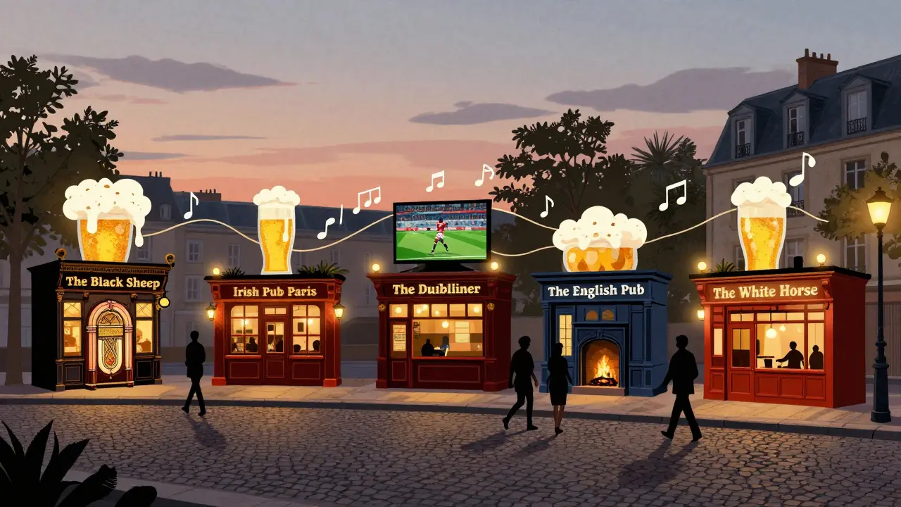 Illustrated pub crawl route through Paris showing five iconic British and Irish pubs with glowing facades.