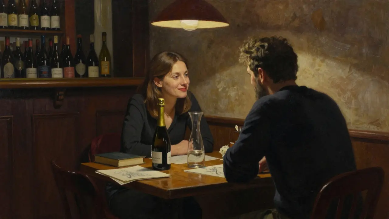 Intimate conversation in a cozy Milan wine bar, books and Prosecco on the table.