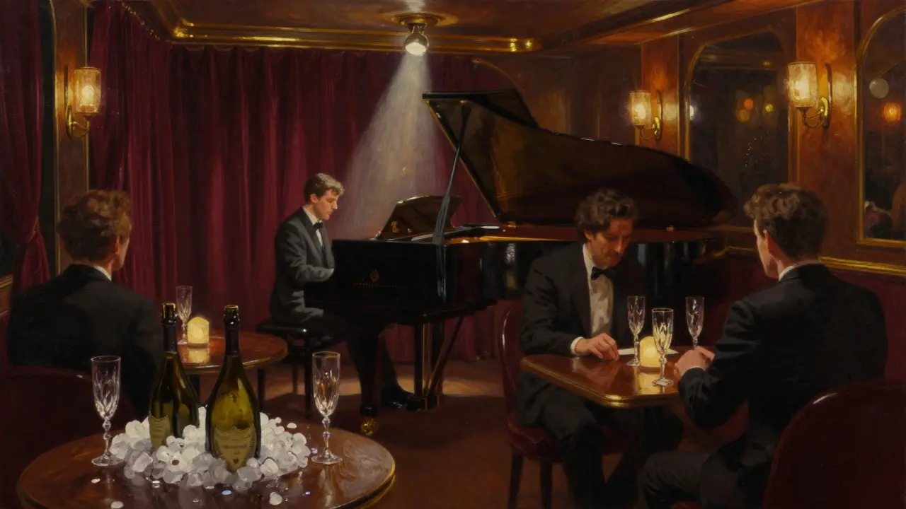 Intimate jazz bar with piano, champagne flutes, and dim amber lighting, patrons in quiet conversation.