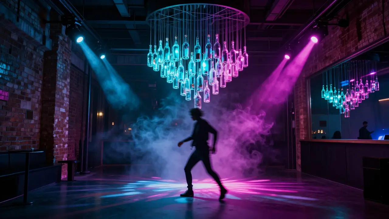 La Rascasse nightclub with glowing glass sculpture and colored light patterns.