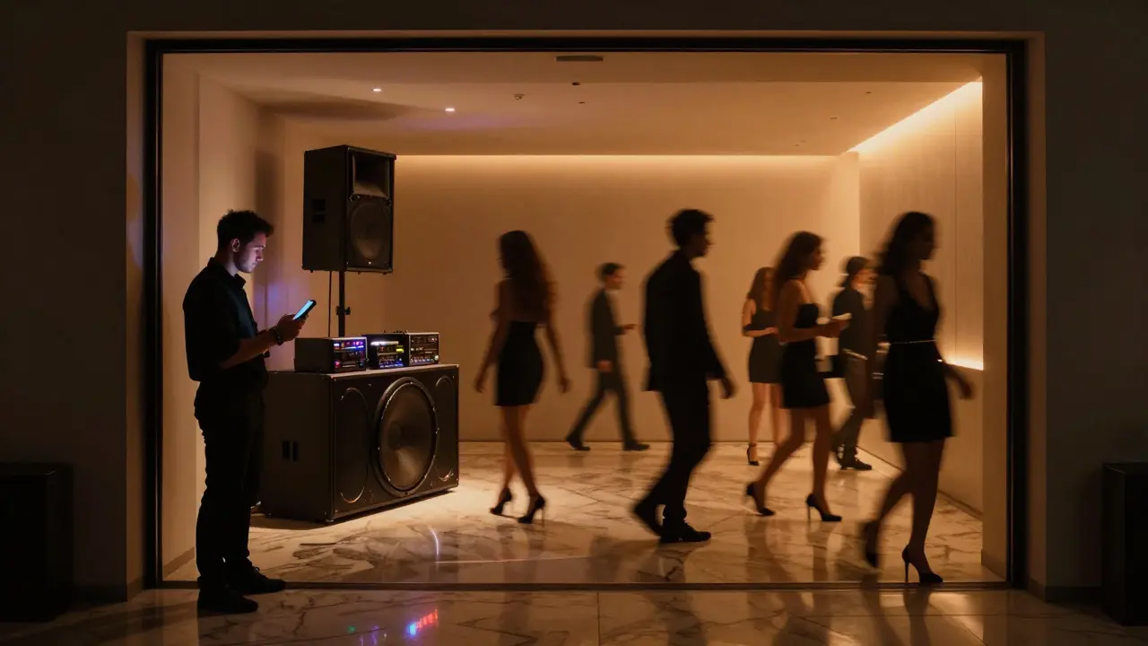 Le Blue nightclub interior at 3 AM, patrons in formal attire moving silently under dim neon lights and sleek sound equipment.