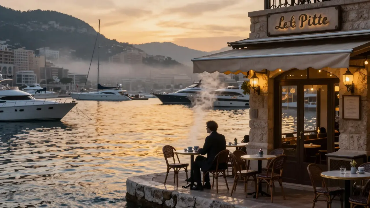 Le Petit Prince café at dawn, single cup of coffee steaming on a table as sunlight glows over Monaco's harbor and yachts.