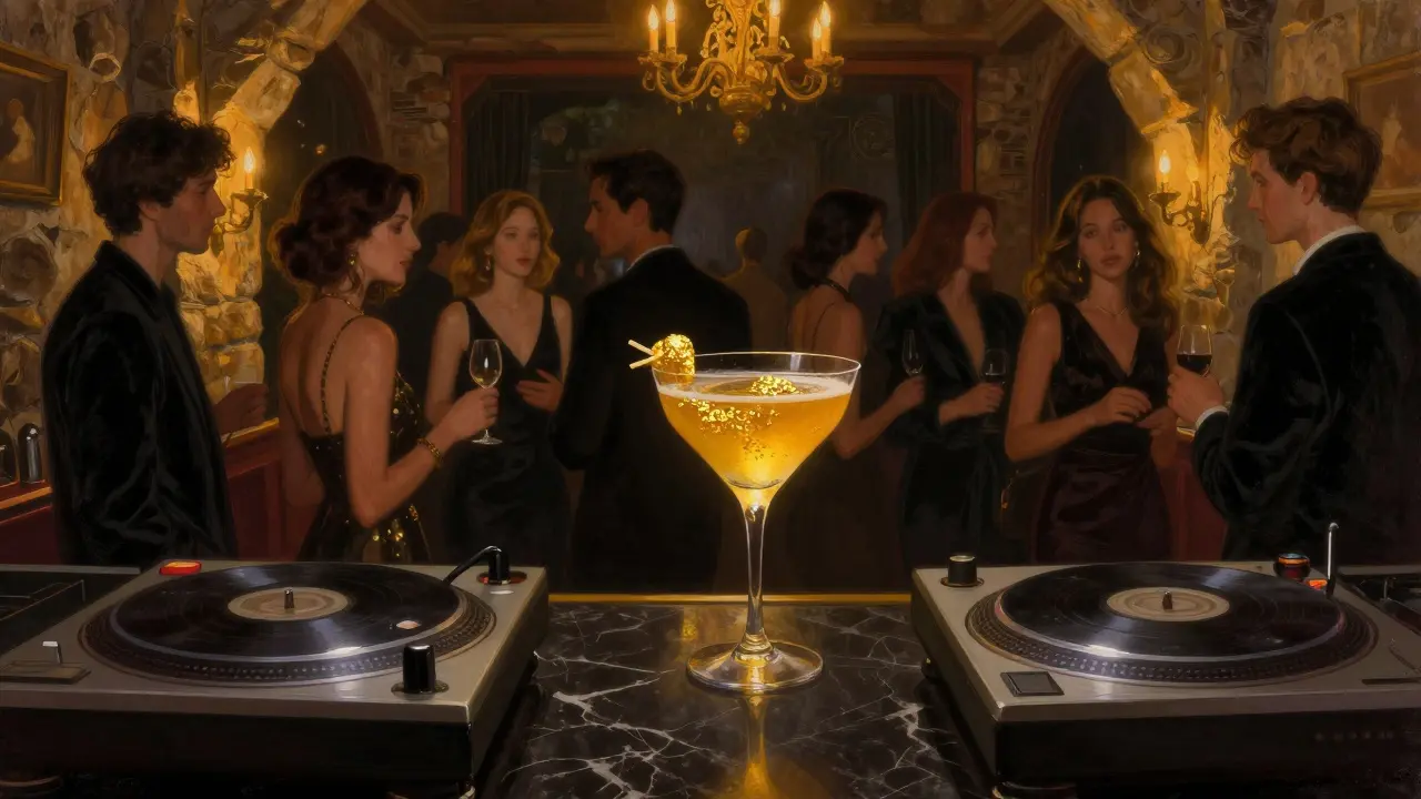 Le Rascasse nightclub with stone walls, low lighting, and a glowing gold cocktail as guests mingle in quiet luxury.