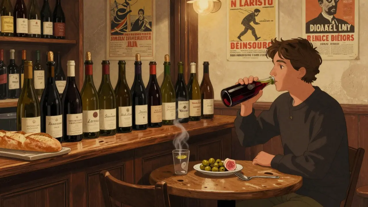 Local sipping wine from a carafe at a cozy Parisian wine bar with olives and charcuterie