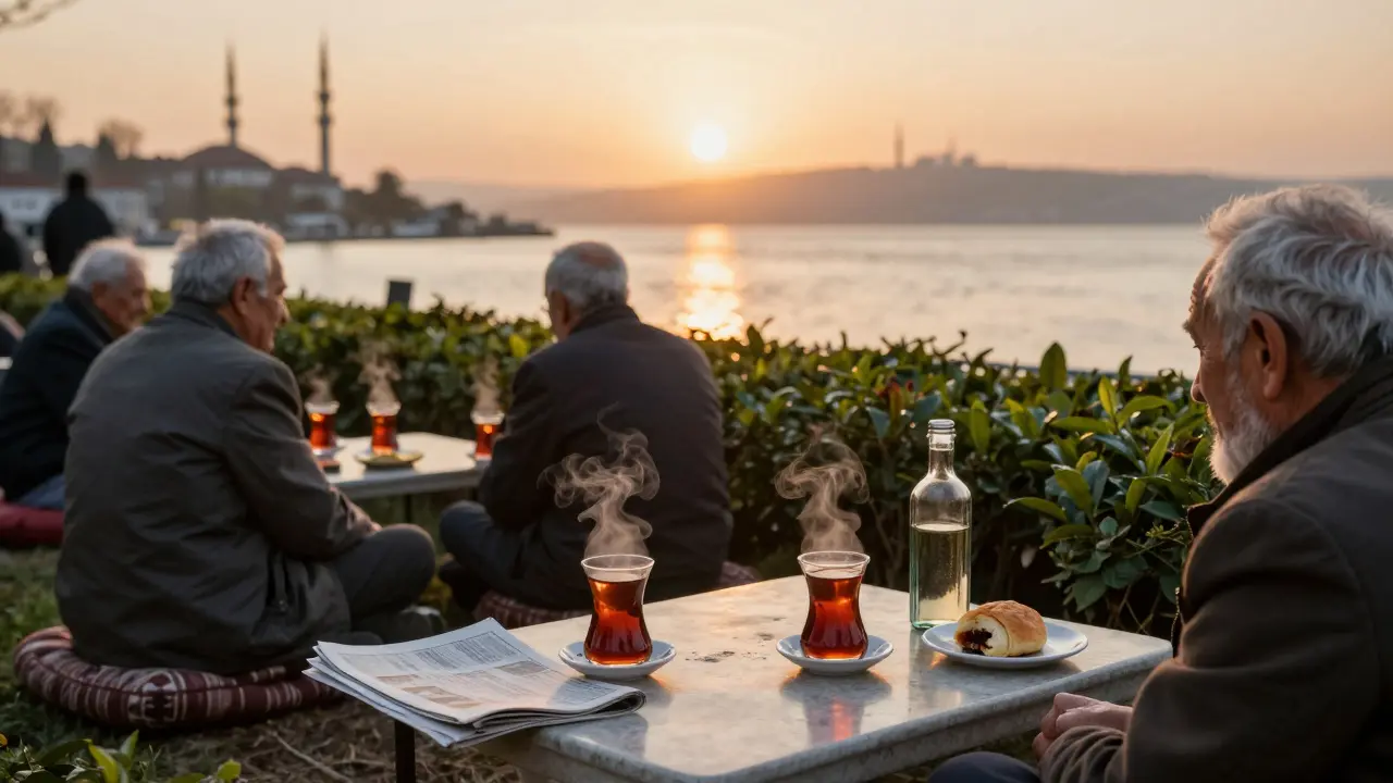 Locals sipping tea at sunrise by the Bosphorus, calm morning light and distant minarets in the background.