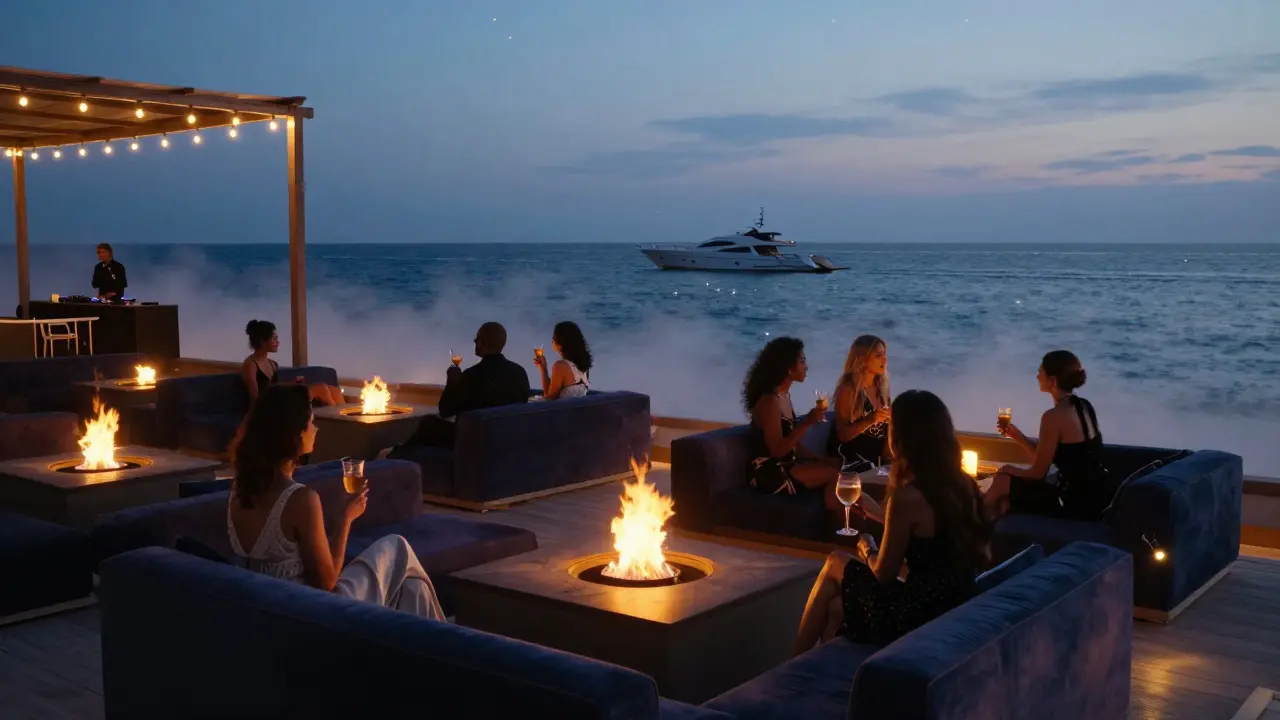 Luxury seaside lounge at night with fire pits, yachts on dark water, soft lights reflecting on sea.