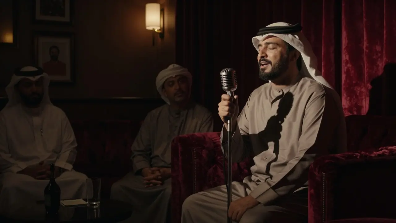 Man singing emotionally in a dim, velvet-lined karaoke lounge.