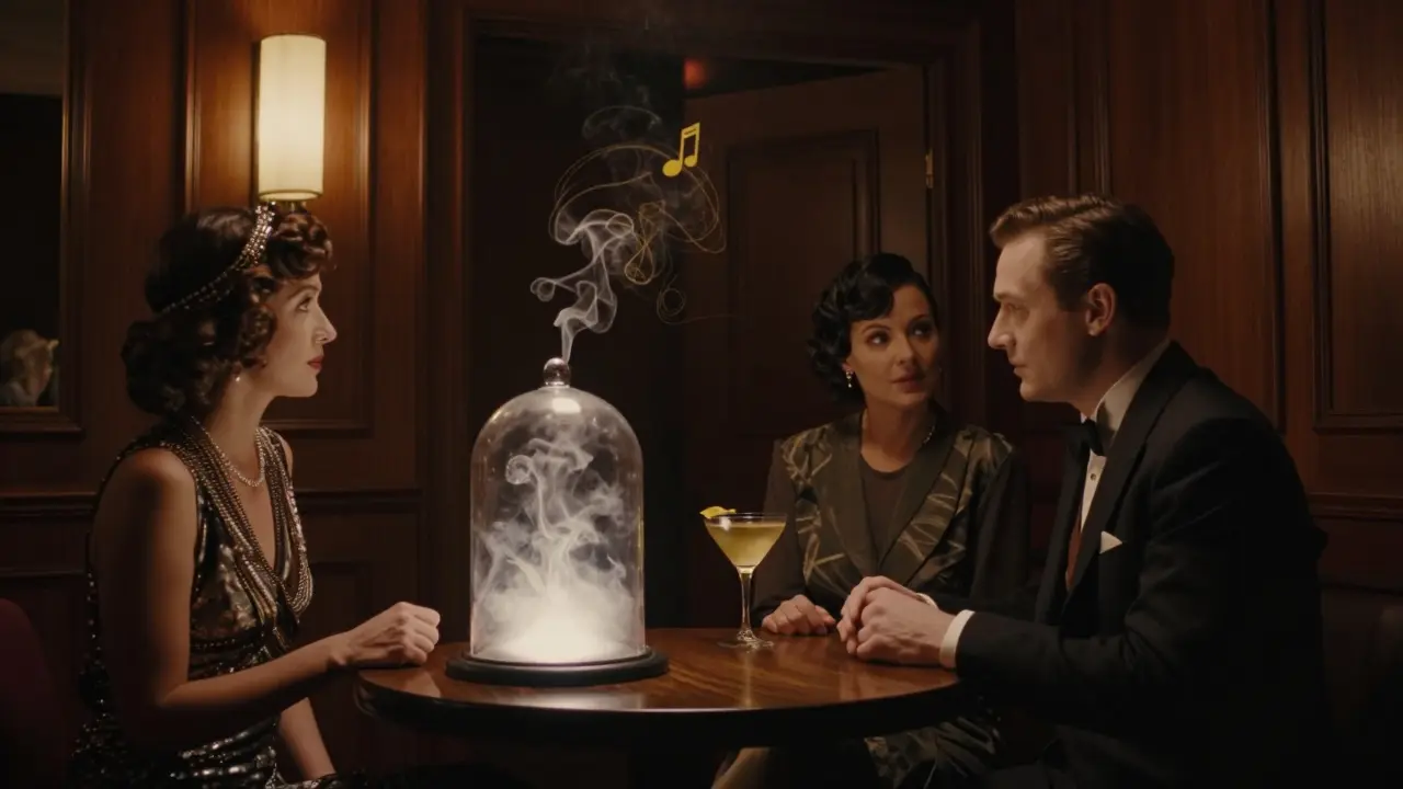 Mysterious speakeasy bar with smoky cocktail and vintage ambiance