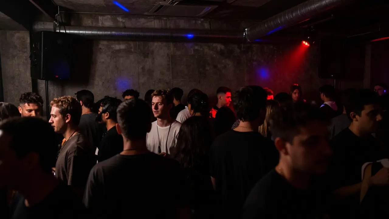 People lost in music inside Kaset, an underground warehouse club with low lighting and intense sound.