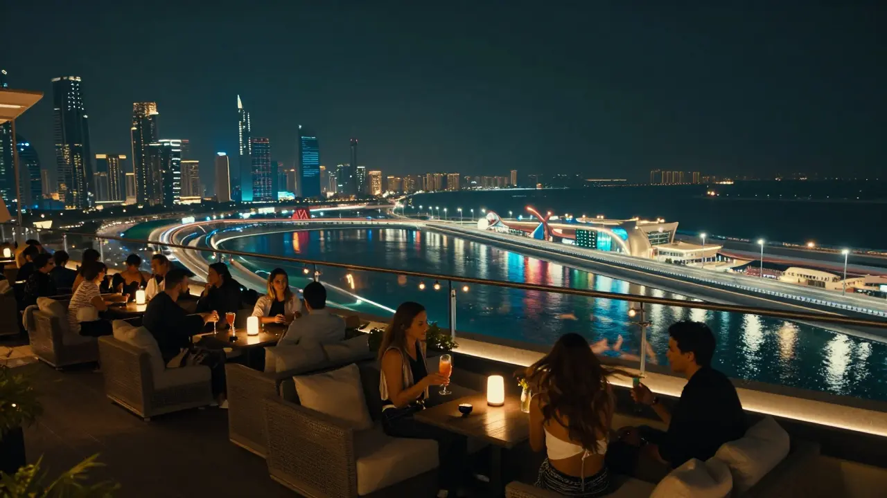 Rooftop bar with panoramic views of Yas Marina and city lights, guests relaxing under string lights.