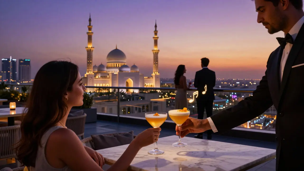 Rooftop bar with stunning city and mosque skyline view at dusk