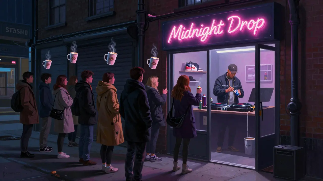 Shoreditch sneaker pop-up at midnight with a line of shoppers and artist painting clothing inside.