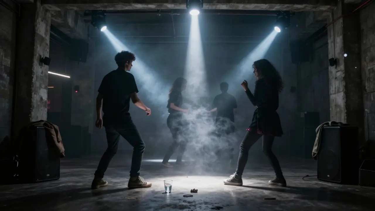 Silhouettes of dancers in a dark, industrial nightclub under pulsing strobe lights, immersed in music.