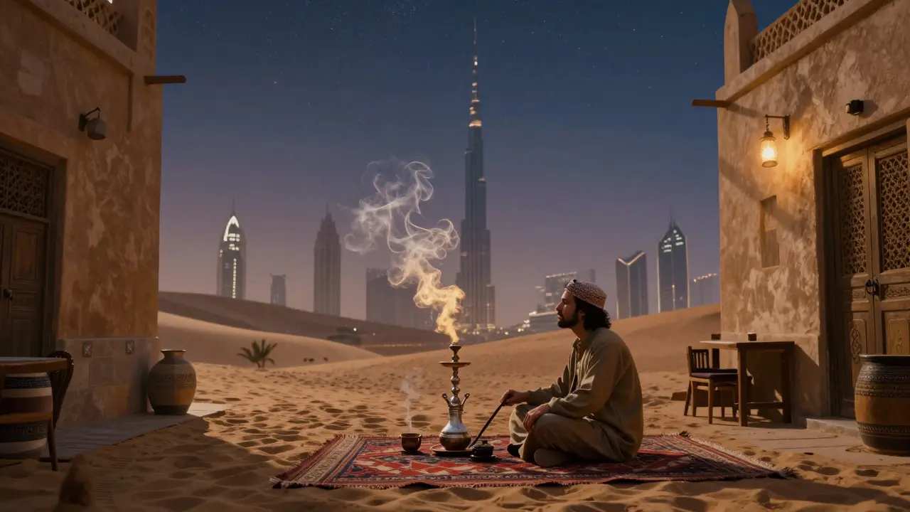 Solo figure enjoying shisha under stars in a quiet alley with distant city skyline.