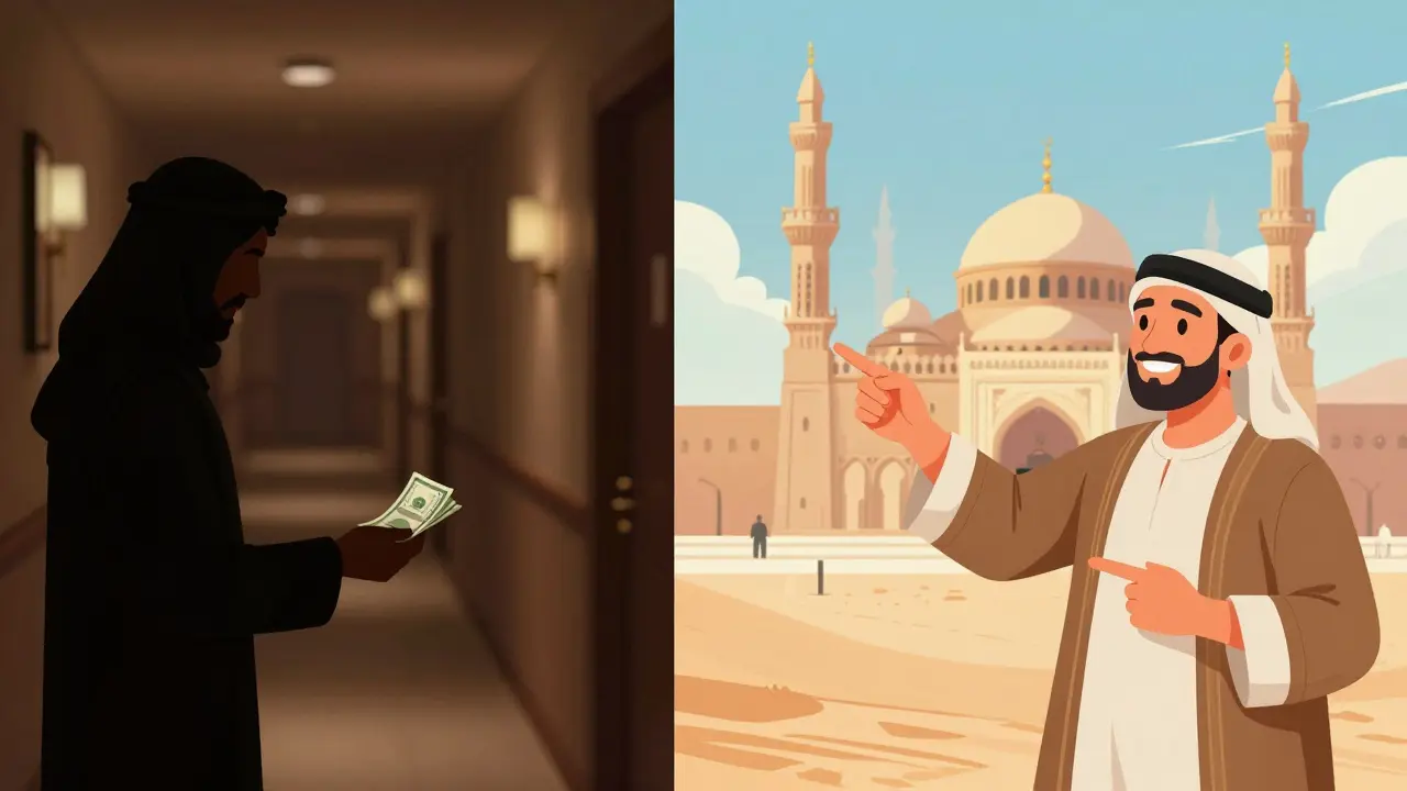 Split scene: shadowy illegal transaction vs. bright cultural guide showing a historic mosque, contrasting risk with safe alternatives.