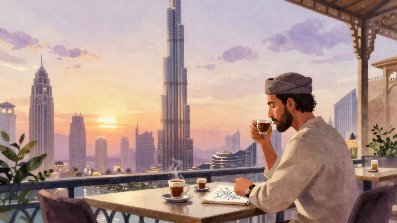 Sunset reflected over Burj Khalifa at a quiet courtyard restaurant, solo traveler enjoying the moment.
