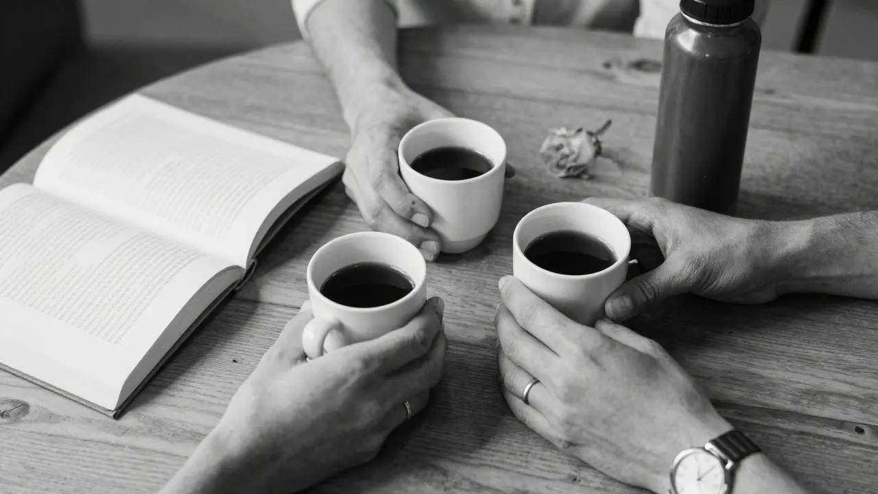 Three hands place coffee cups on a wooden table, symbolizing quiet human connection in Berlin.