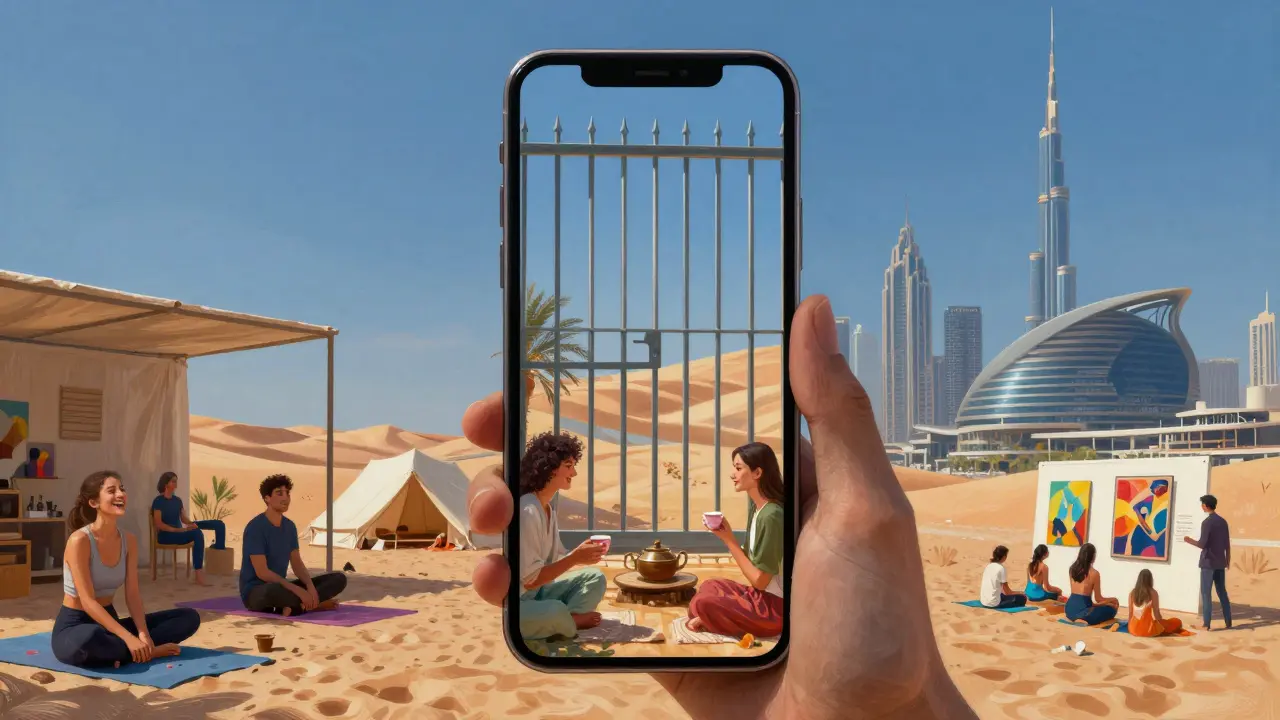 Transparent prison bars rise from a phone showing escort ads, while lawful social scenes like yoga and art unfold below.