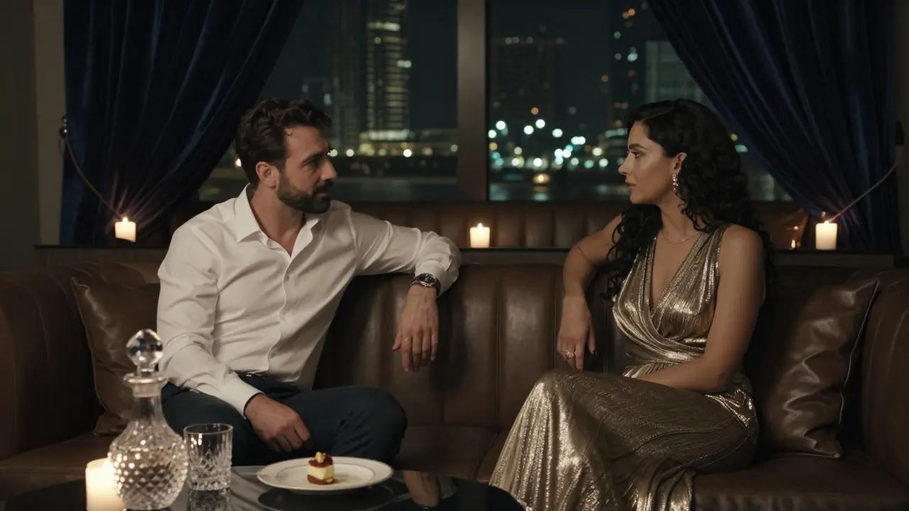 Two elegantly dressed individuals in a private lounge, conversing quietly under soft candlelight in Dubai.