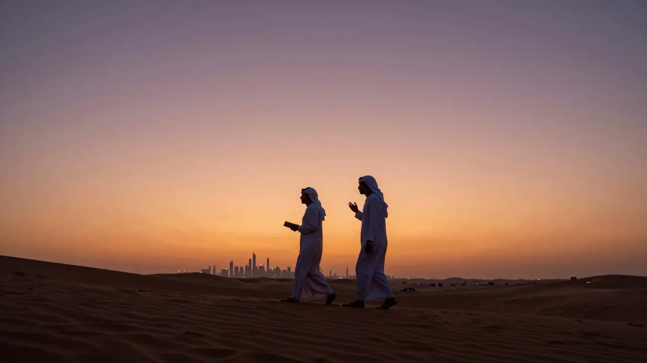 Two figures walk side by side on a desert dune at sunset, silhouetted against a glowing sky, fully clothed and at peace.