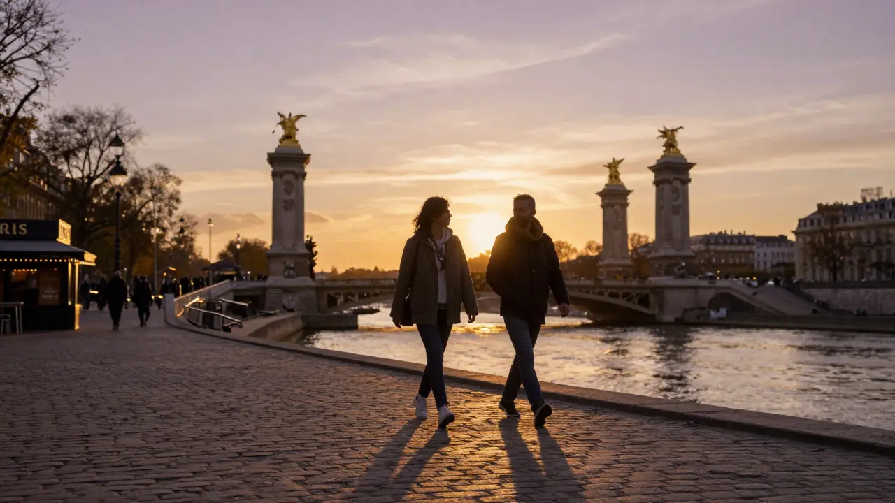 Two figures walking silently along the Seine at sunset, Pont Alexandre III glowing behind them, shadows stretching on cobblestones.