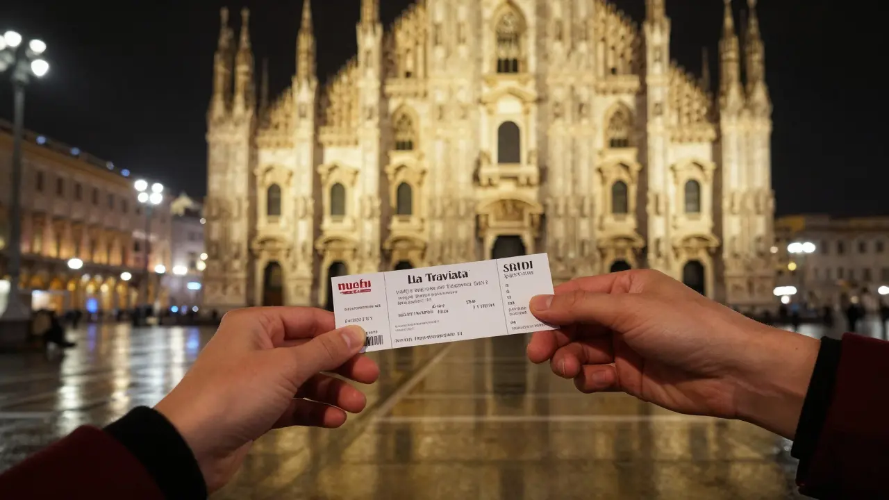 Two hands exchanging a theater ticket in Milan, with the Duomo glowing in the background.