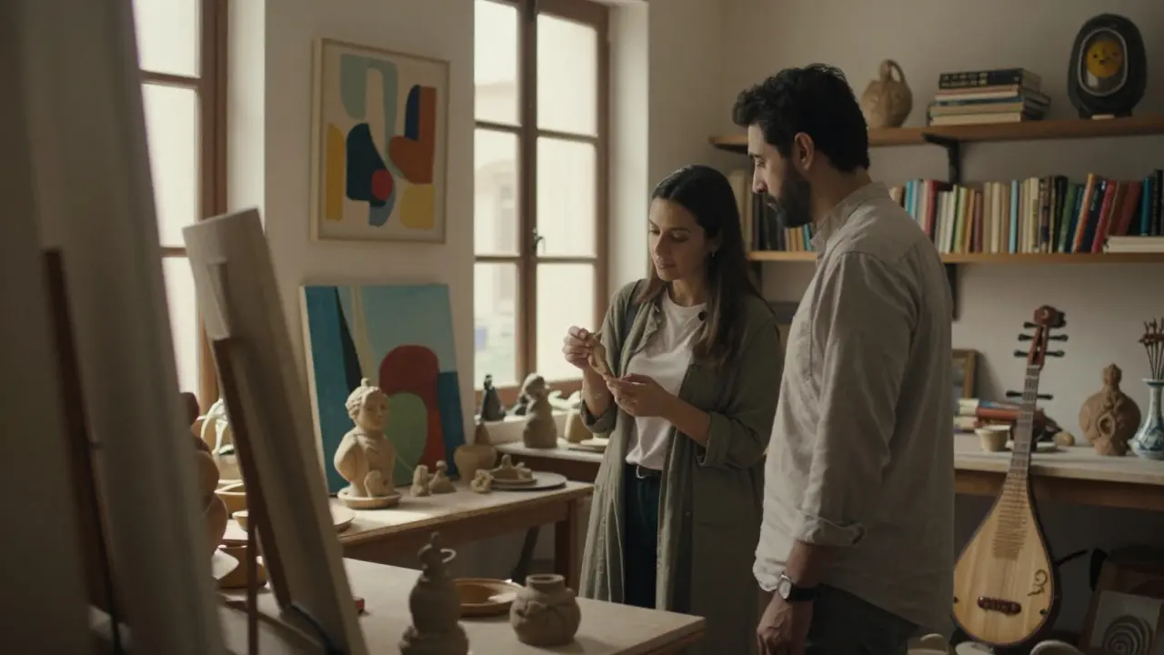 Two people examine art in a sunlit hidden studio, surrounded by sculptures and traditional instruments.