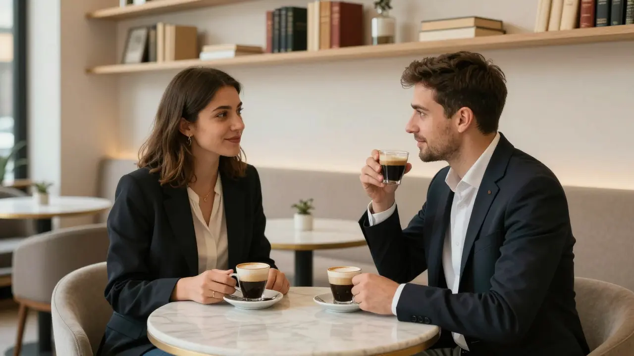 Two people meeting for the first time in a stylish Milanese coffee shop, engaged in calm, respectful dialogue.