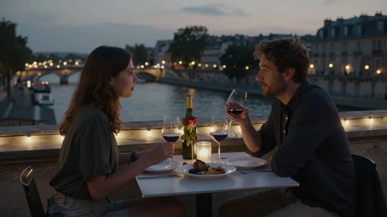 Two people sharing a quiet rooftop dinner in Paris at dusk, enjoying wine and conversation with city lights in the background.